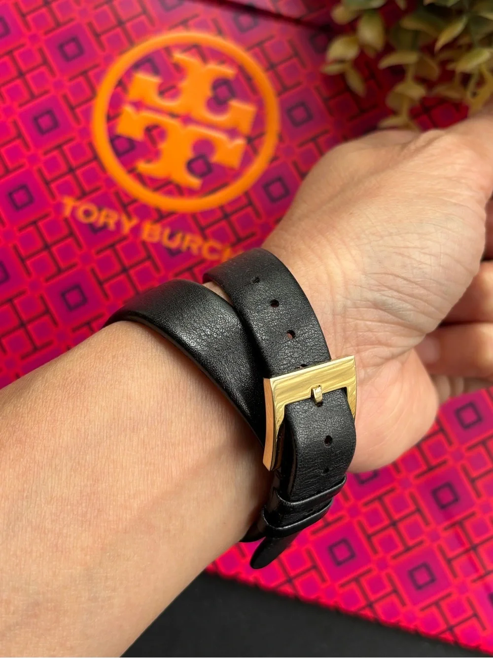 Tory Burch Black and Gold Double-Wrap Leather Watch